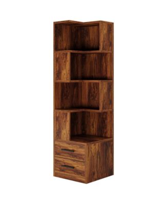 Corner Bookcase with 5 Tier Storage Shelves and 2 Drawers