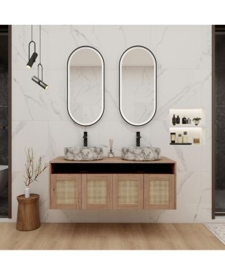Wall Mounted Double Bathroom Vanity, Modern Plywood Cabinet with Dual Vessel Ceramic Sinks, Open Storage Shelf