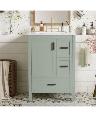 24" Modern Solid Wood MDF Vanity With Ceramic Sink, 3 Drawers Soft-Close Door Double Shelf, Zinc Handle