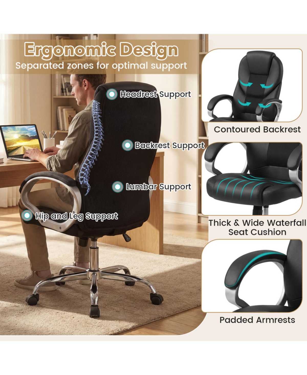Slickblue Leather Office Chair with Rocking Backrest and Mesh Support
