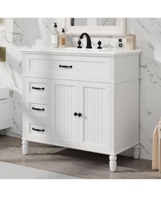36" Vintage Freestanding Vanity With Ceramic Sink, Acacia Wood and MDF Frame, 2 Doors 2 Drawers Soft-Close