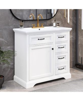 36" Freestanding Vanity With Ceramic Sink, Soft-Close Door, 2 Tip-Out Drawers, 2 Deep Drawers