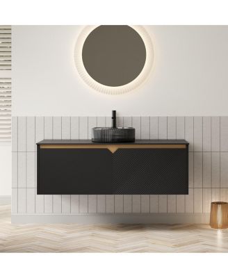 Wall Mounted Bathroom Vanity with Glass Basin, Sintered Stone Top, Soft Close Door, Modern Pre-Assembled Cabinet