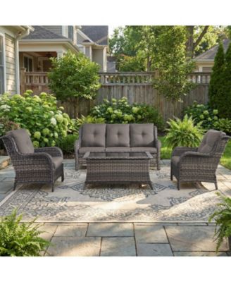 4 Pieces Patio Furniture Set, Outdoor Wicker Rattan Patio Conversation Furniture Set with Waterproof Cushion and Coffee Table