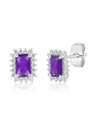 Elegant Rectangle Birthstone CZ Halo Studs