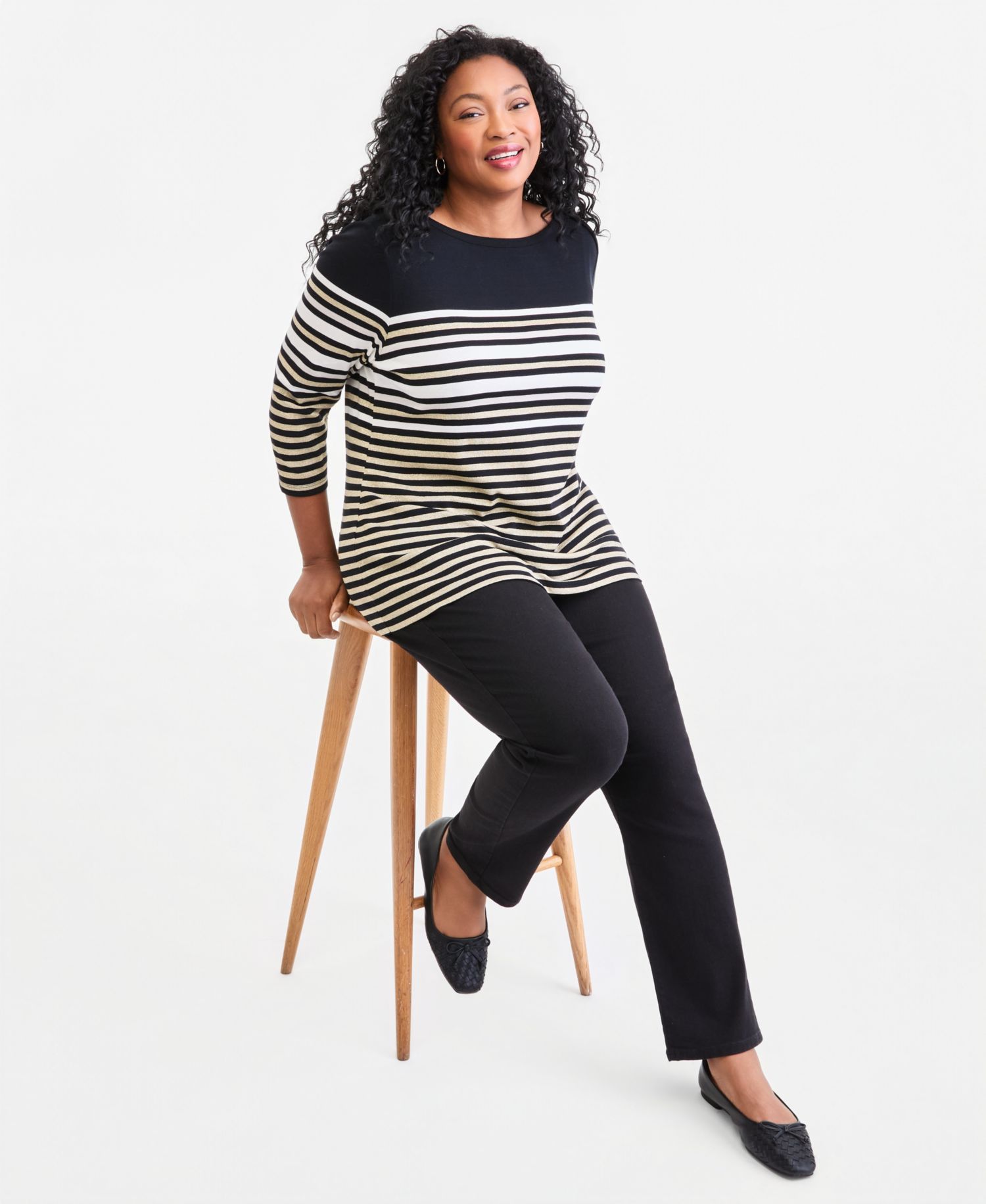 Petite Printed Pima Cotton 3/4-Sleeve Boat-Neck Top