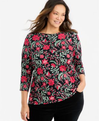 Plus Size Printed 3/4 Sleeve Boat-Neck Top