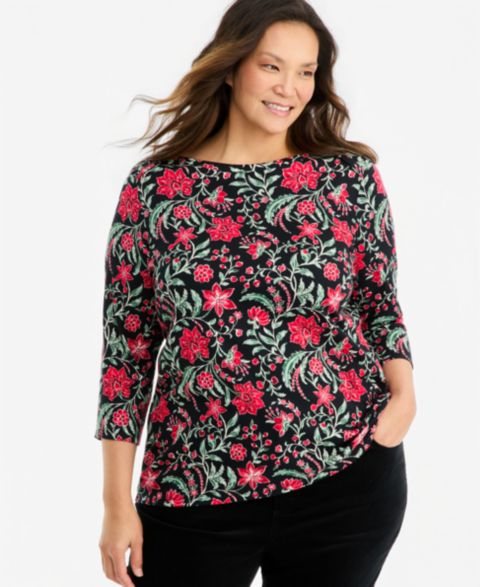 Женский топ Style & Co Plus Size Printed 3/4 Sleeve Boat-Neck, цвет: Глубокий чёрный