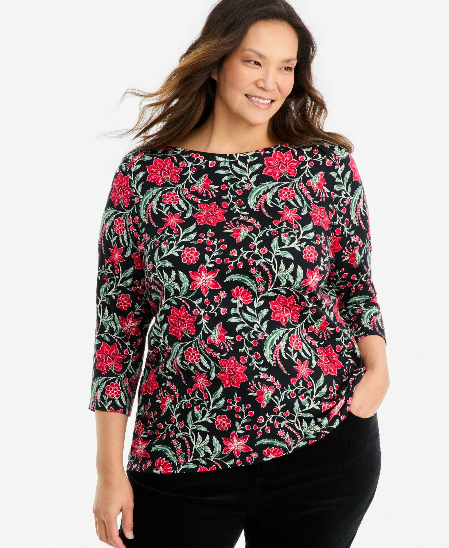 Plus Size Printed 3/4 Sleeve Boat-Neck Top