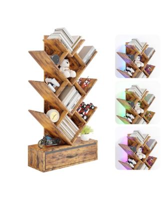 Tree Bookshelf with LED Lights, 7-Tier Bookcase with Fabric Drawer, Narrow Industrial Floor Standing Storage Rack for Small Spaces
