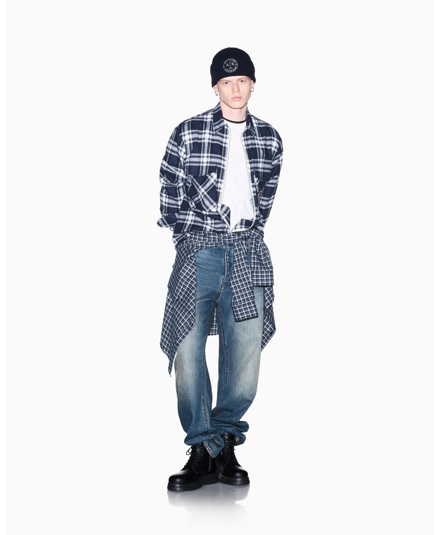 Men's Crossover Plaid Cotton Shirt with Back Graphic