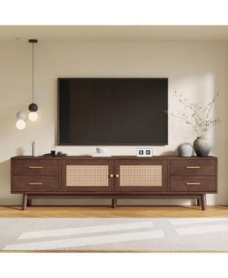 70'' Modern Rattan TV Stand, for TVs up to 80'', 4 Drawers and Cable Holes, Rattan-inspired Media Console Table, for Living room, Bedroom