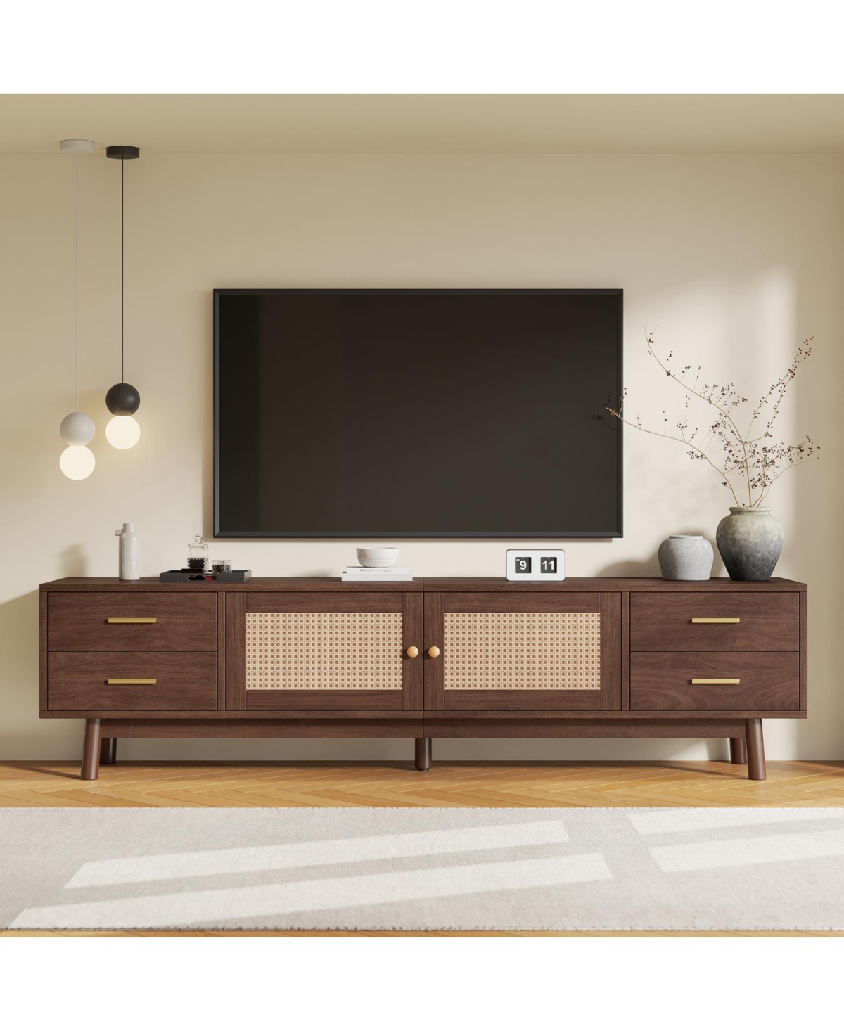 Rainsken 70'' Modern Rattan Tv Stand, for TVs up to 80'', 4 Drawers and Cable Holes, Rattan-inspired Media Console Table, for Living room, Bedroom - B