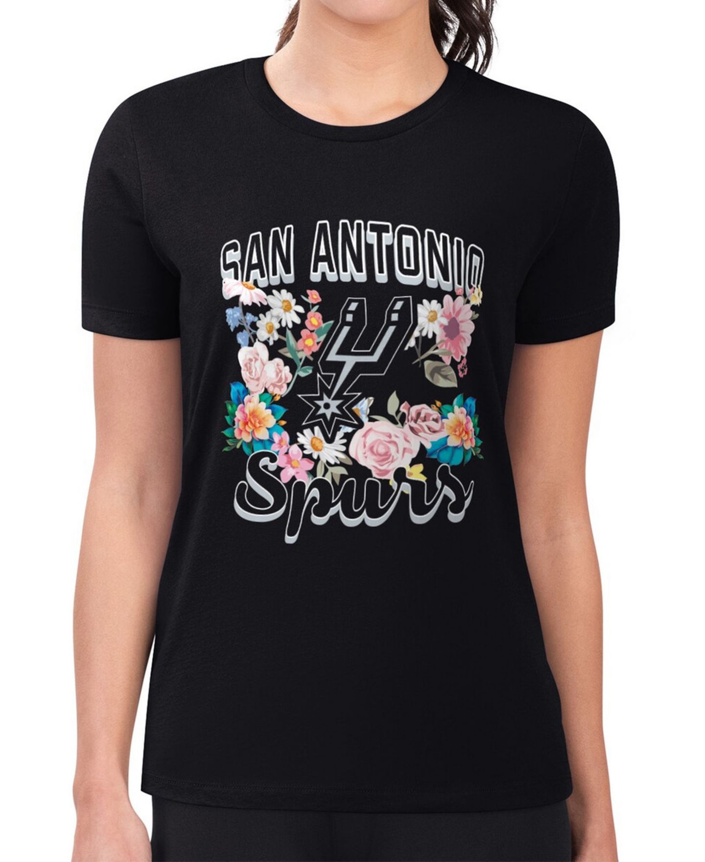 Женская футболка G-III 4Her by Carl Banks Black San Antonio Spurs Super-Slim Fit Lightweight Flowers Team Logo Graphic — фото 1