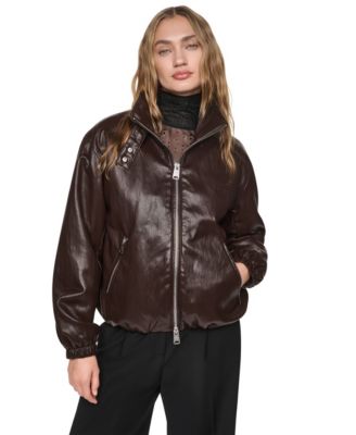 Petite High-Collar Faux-Leather Bomber Jacket