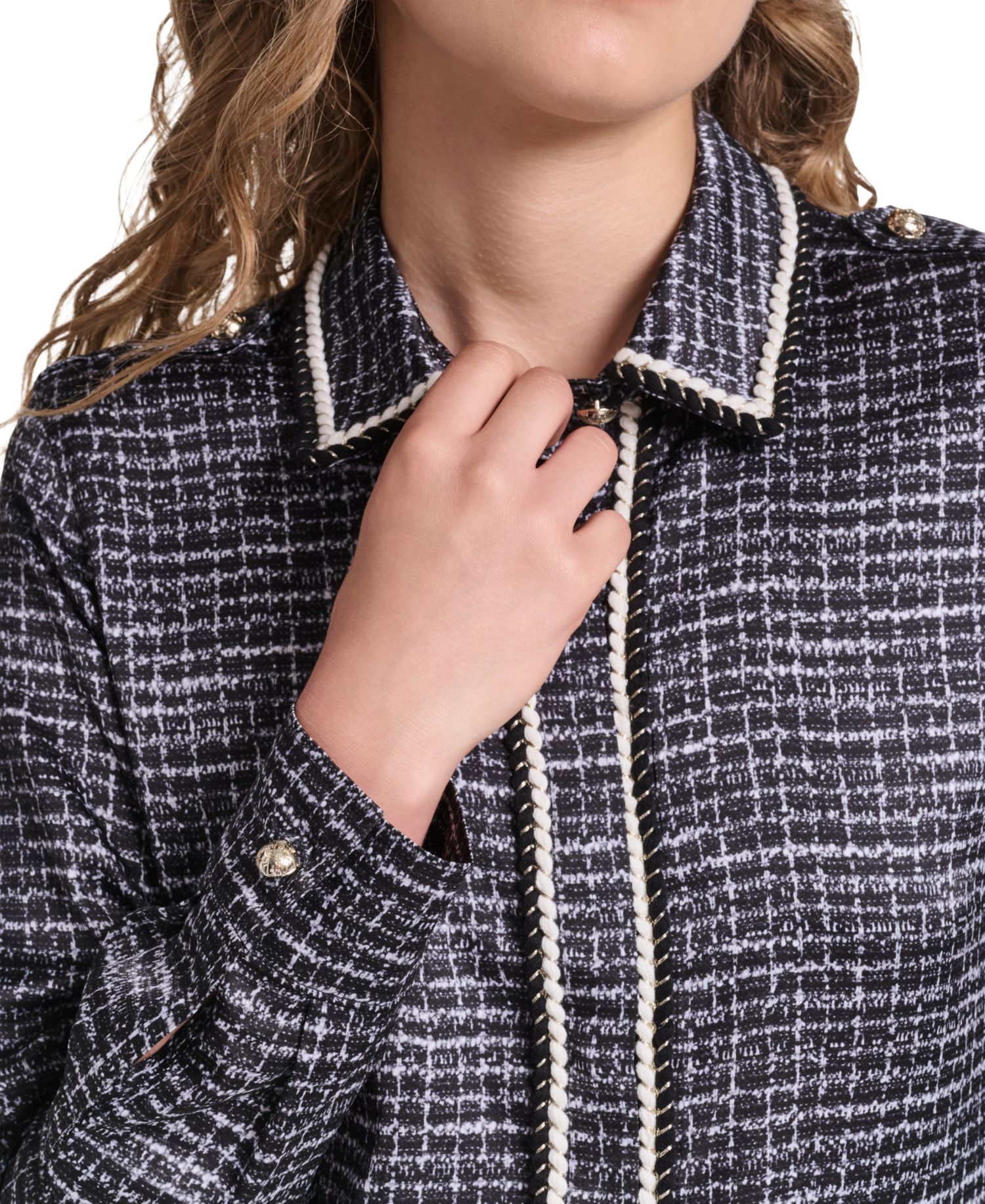 Petite Print Tweed Trim Top