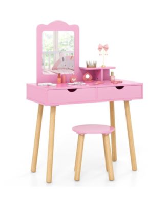 Kids 2-in-1 Vanity Desk and Stool Set with Detachable Mirror and 2 Drawers