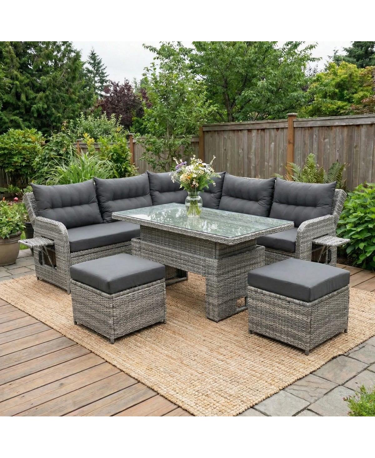 Asagikoiai Outdoor Rattan Sectional Sofa Set with Adjustable Table and Recliners and Ottomans