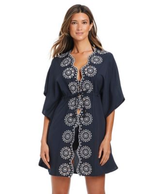 Women's Eyelet Open-Front Swim Cover-Up Caftan
