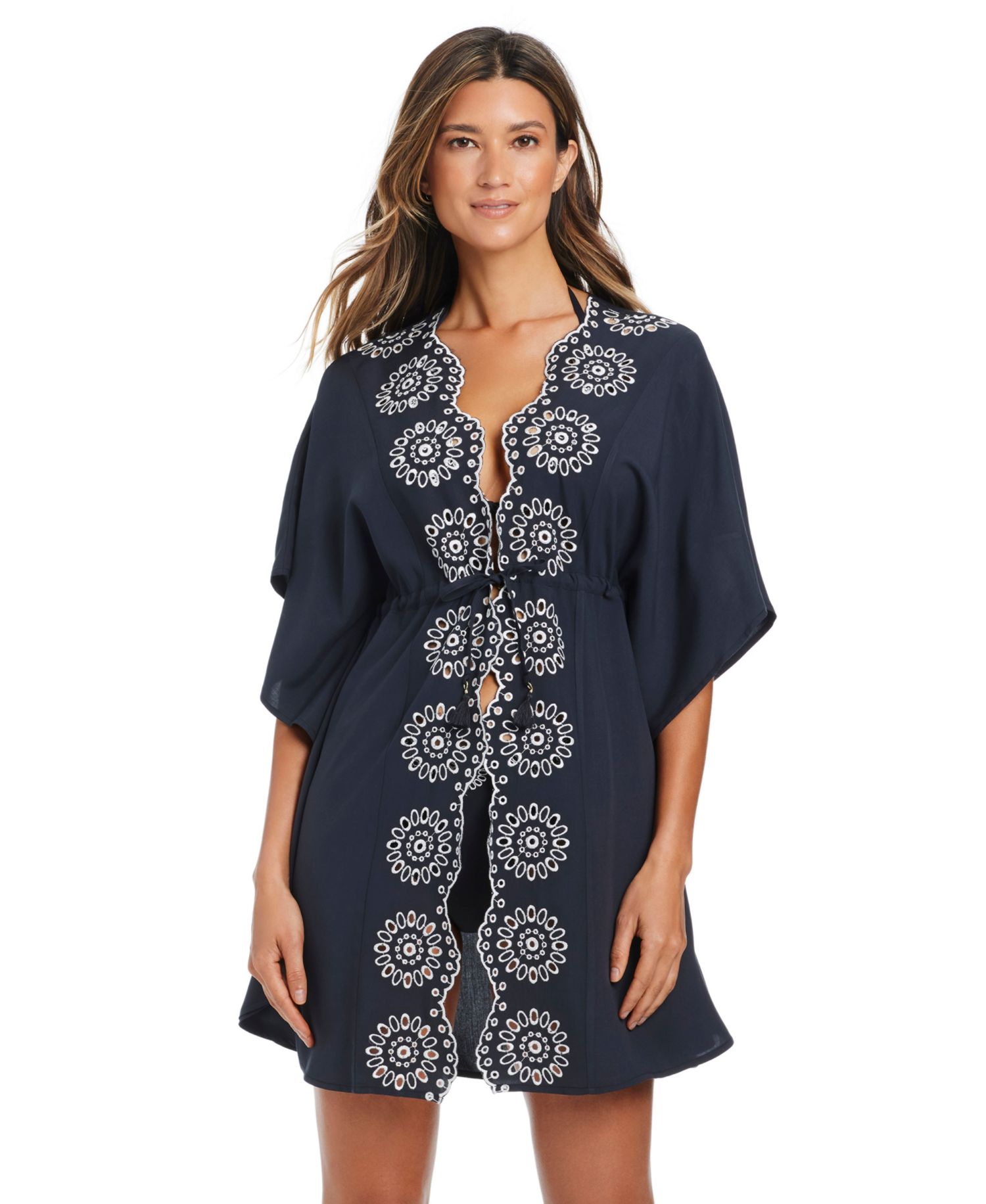 Women's Eyelet Open-Front Swim Cover-Up Caftan