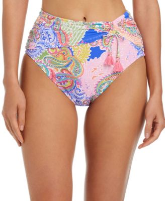 Women's High-Waist Ruched Sarong Hipster Swim Bottoms