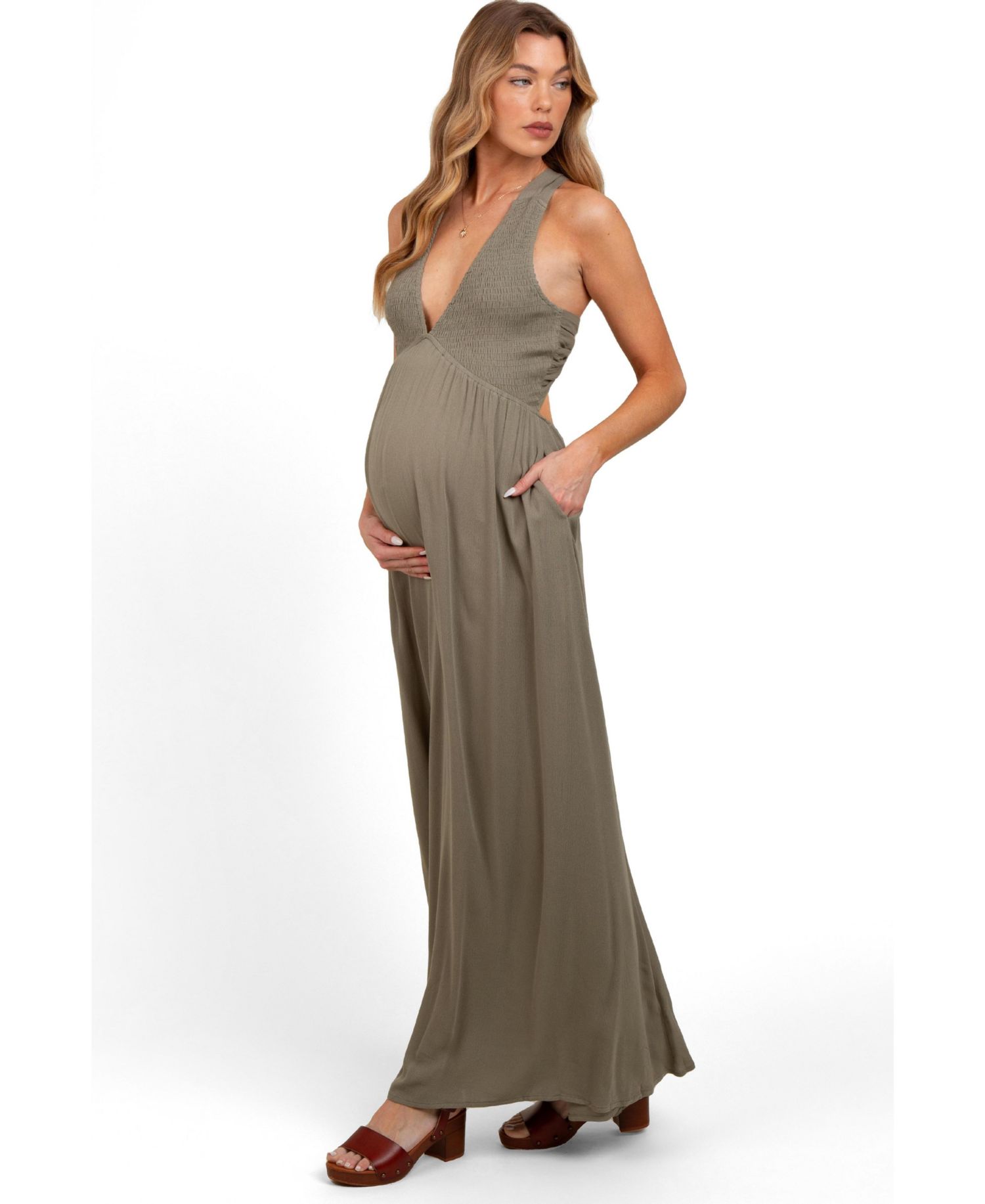 Women's Olive Deep V-Neck Cross Back Maxi Dress