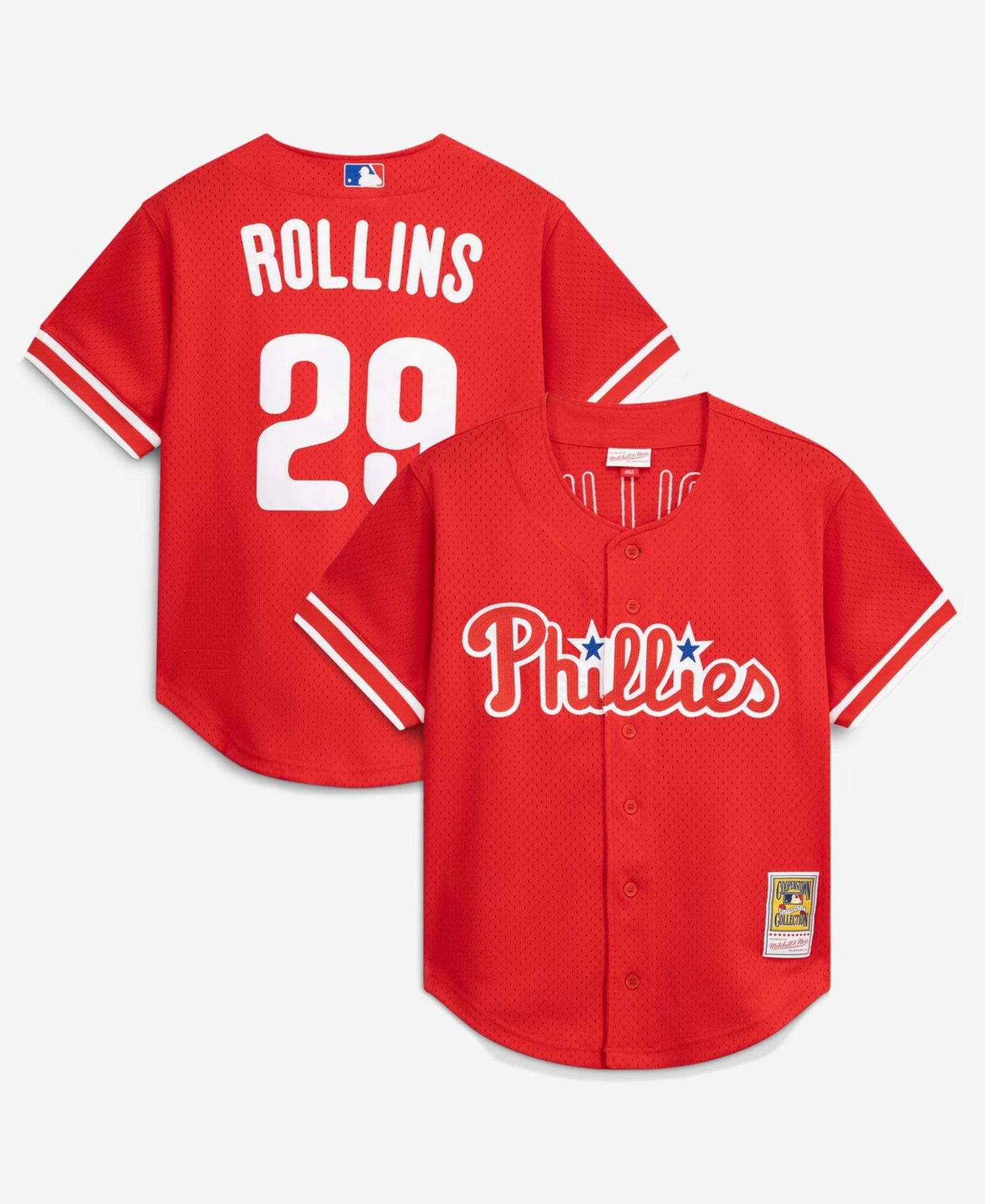 Men's Jimmy Rollins Red Philadelphia Phillies Cooperstown Mesh Batting Practice Button-Up Jersey