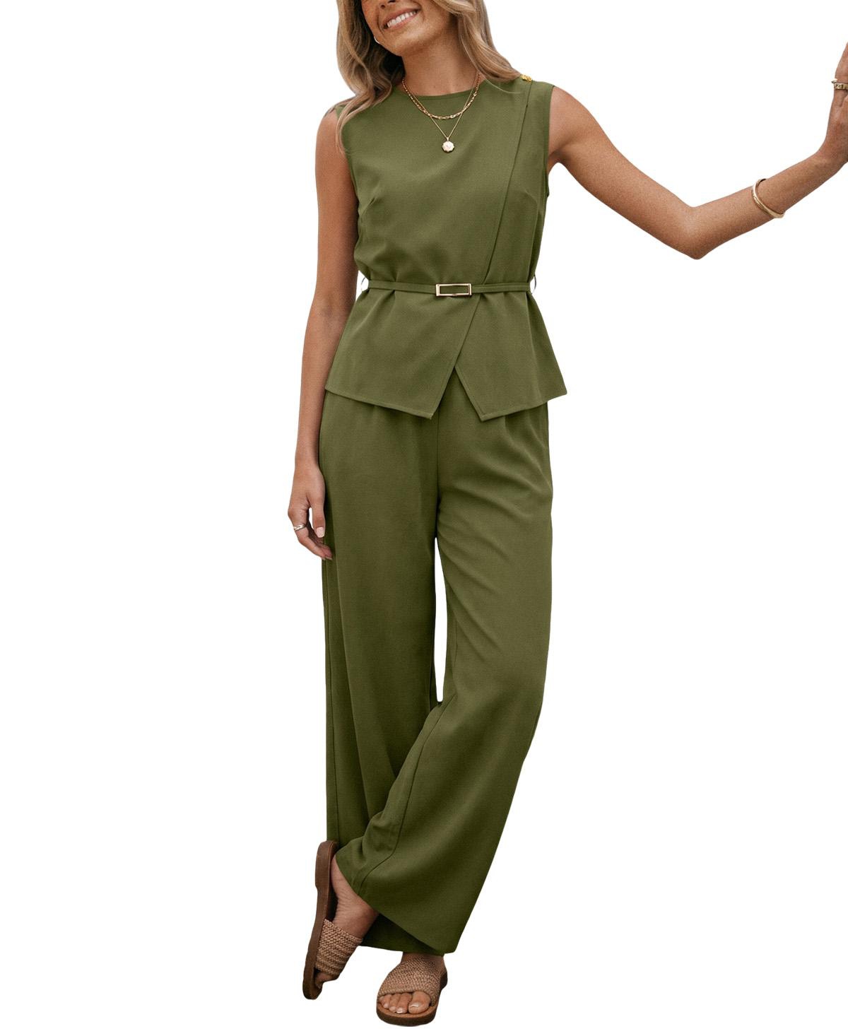 Cupshe Women's Elegant Crew Neck Belted Top and Wide Leg Pants Two-Piece Set