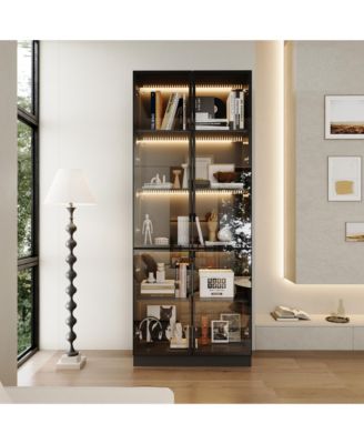 Modern 4-Door LED Bookcase Aluminum Frame Glass Display Cabinet Living Room Storage