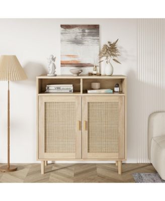 Modern Rattan Buffet Cabinet,4-Door Sideboard with Adjustable Shelf, Multipurpose Storage for Kitchen, Dining, Ideal as Coffee Bar & TV Stand