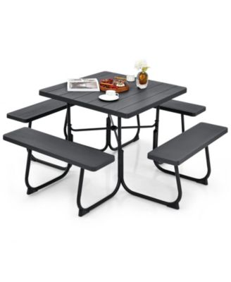 Outdoor Picnic Table 8-person Square Picnic Table Bench Set with 4 Benches and Umbrella Hole