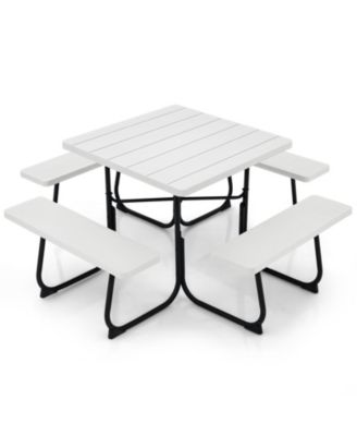 Outdoor Picnic Table 8-person Square Picnic Table Bench Set with 4 Benches and Umbrella Hole