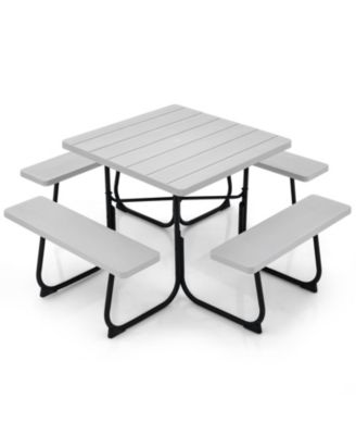 Outdoor Picnic Table 8-person Square Picnic Table Bench Set with 4 Benches and Umbrella Hole