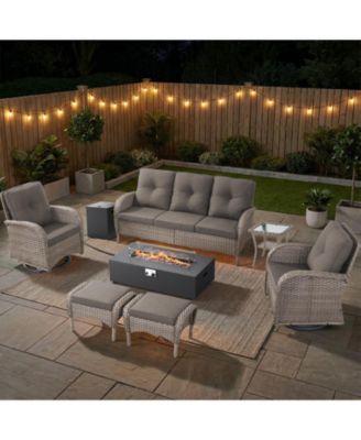 8 Piece Patio Furniture Set with 43" Fire Pit Kit Set Wicker Rattan Outdoor Sofa Set with Swivel Rocker Chairs and Thickened Cushions