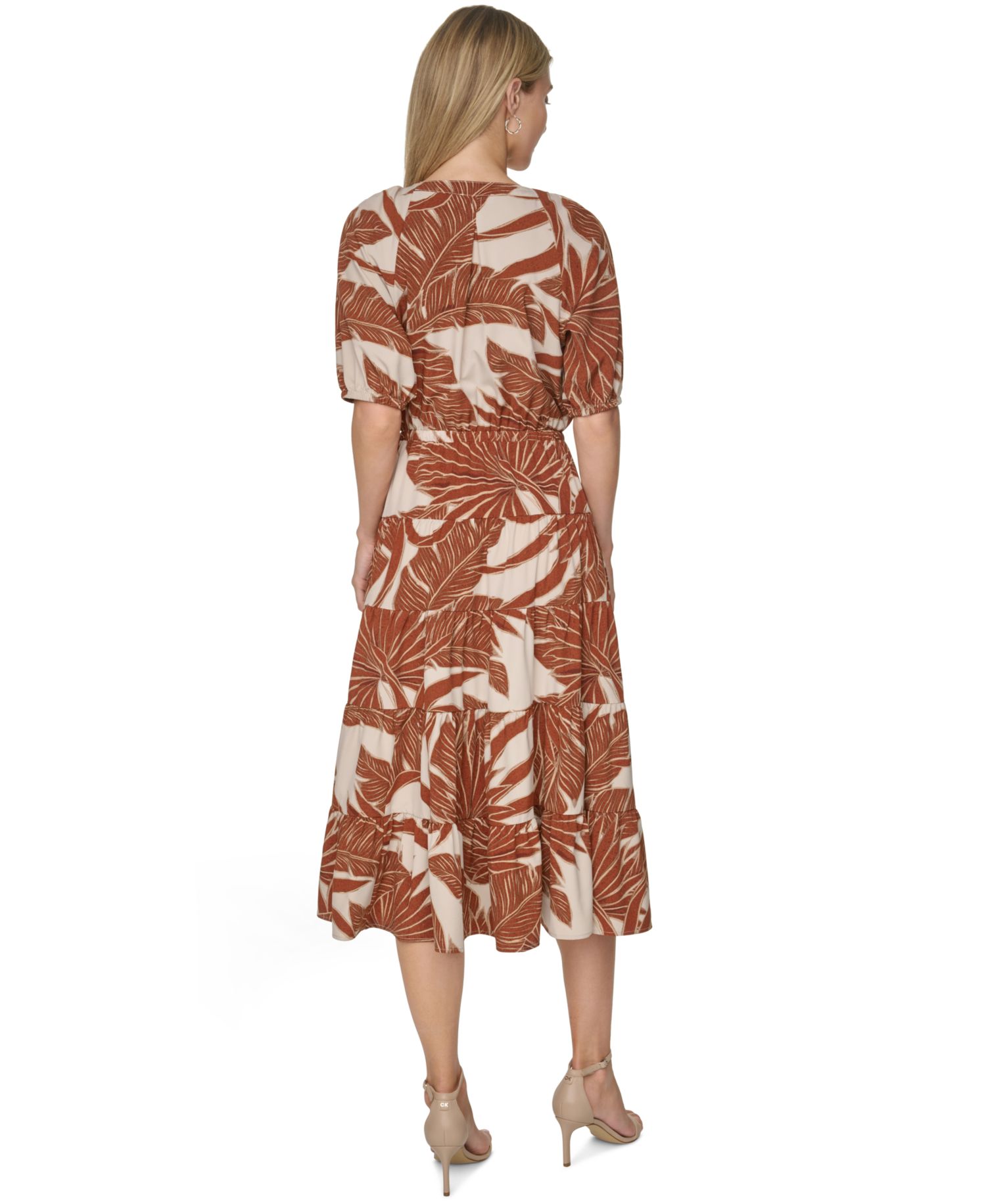 Women's Puff-Sleeve Floral Tiered Midi Dress