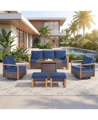 6-Piece Wicker Patio Furniture Set, Wicker Swivel Chairs, Outdoor Deep Seating Conversation Sets with Fire Pit Table and Ottomans