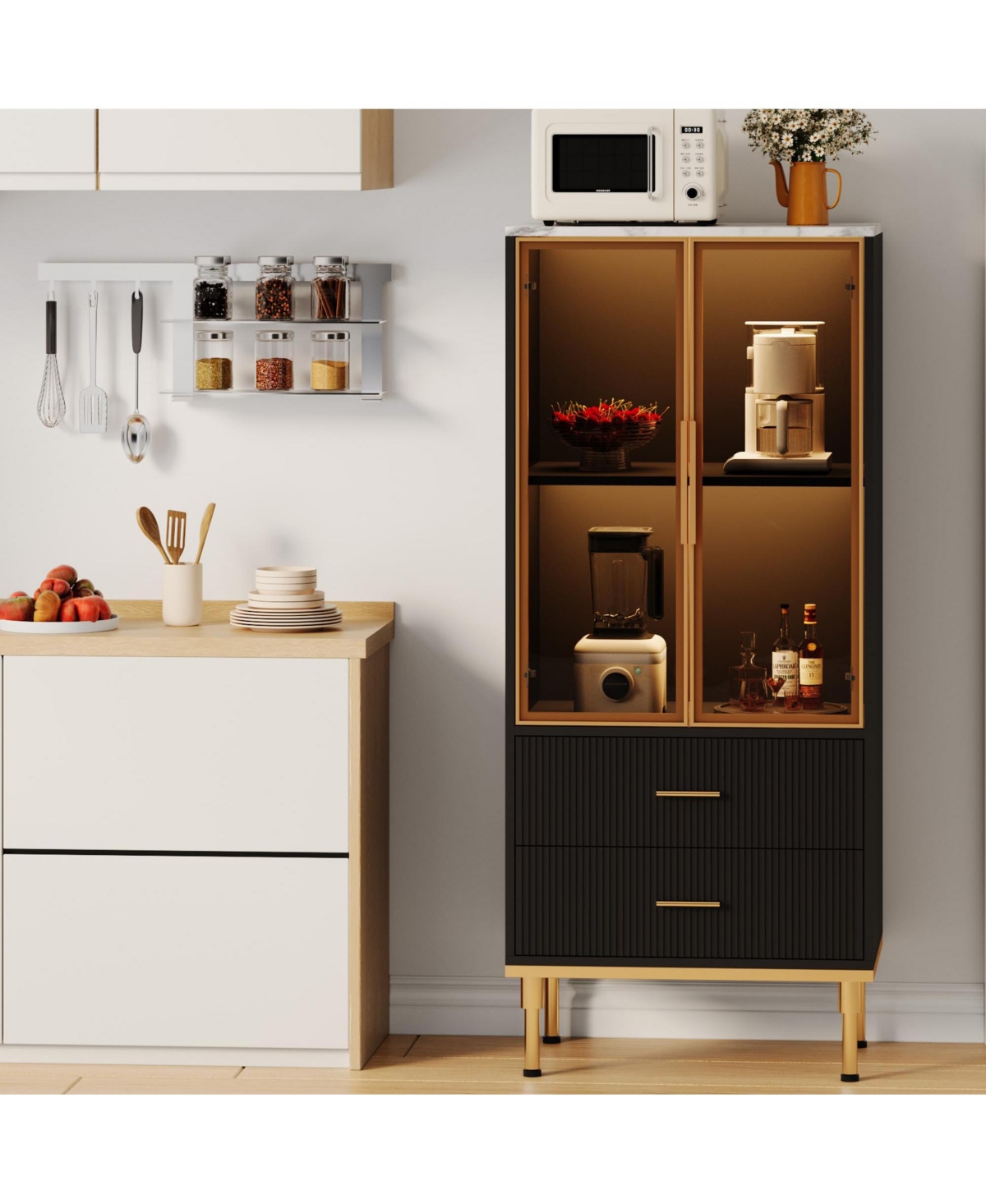homfan Glass Door Storage Cabinet with Wave Drawers, Tall Accent Shelves for Living Room Dining