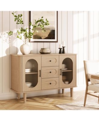47.2 Inch Mid-Century Fluted Glass Sideboard with 3 Drawers, Adjustable Shelves and Anti-Wobble Base, Coffee Bar and Entryway Credenza