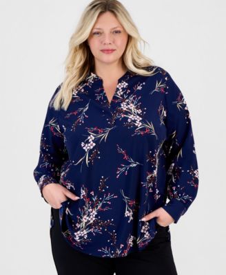 Plus Size Half Placket Popover Floral Blouse