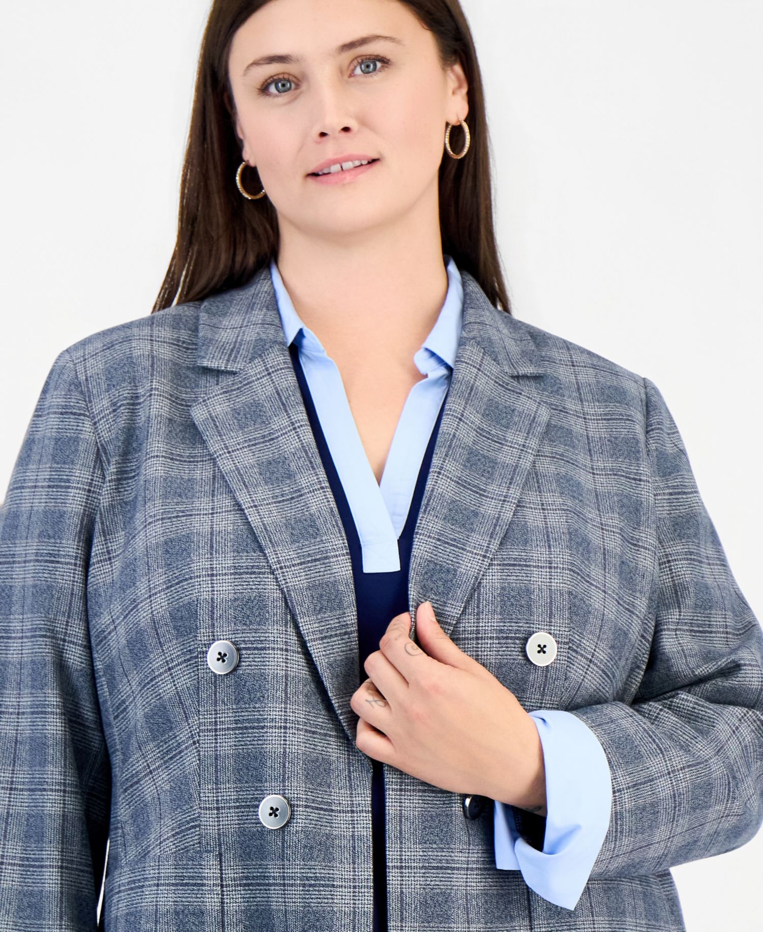 Plus Size Faux Double-Breasted Plaid Patch-Pocket Blazer
