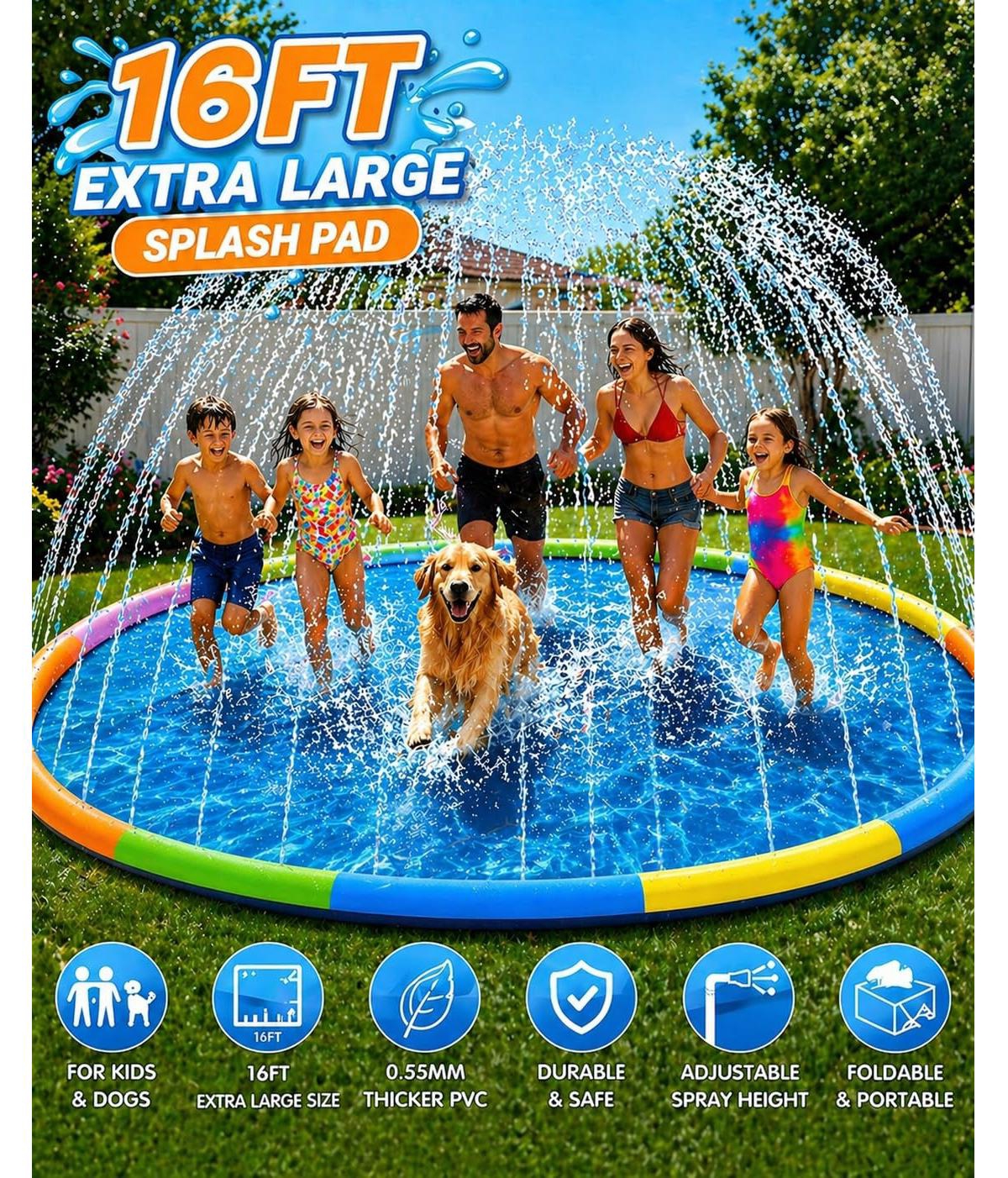 Aofar 197"Splash Pad Sprinkler Play Mat Dogs Pets Outdoor Foldable