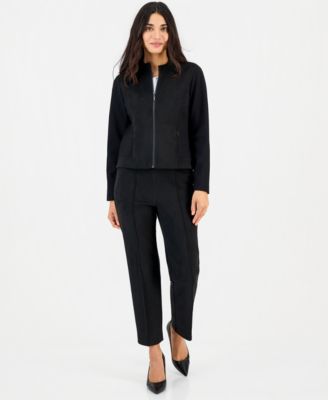 Petite Scuba Zip-Front Moto Jacket & Pull-On Pintuck Pants