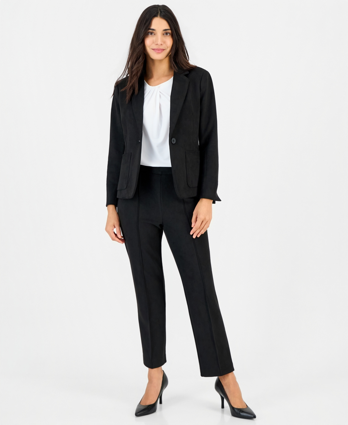 Anne Klein Essentials Petite Faux Suede Pull-On Straight-Leg Pintuck Pants