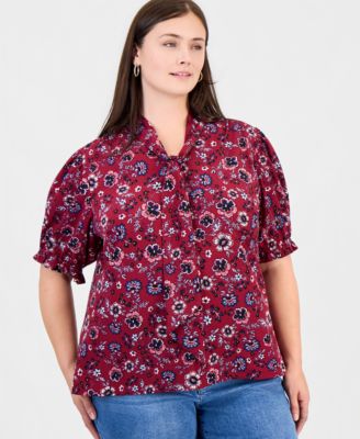 Plus Size Tie Neck Printed Puff Short-Sleeve Top