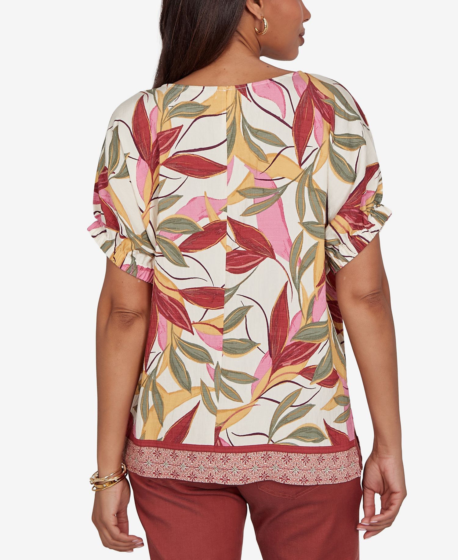 Petite Textured Leaf Print Short-Sleeve Top