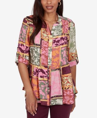 Petite Tropical Patchwork Voile Button-Front Top