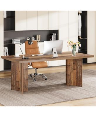  Executive Desk, Vintage Office Computer Desk with Large Tabletop, Farmhouse Wood Writing Conference Table Workstation