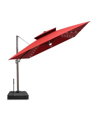 Outdoor Patio 11x11Feet Aluminum Double Canopy Solar Lights Cantilever Umbrella with Rod Wheel Base