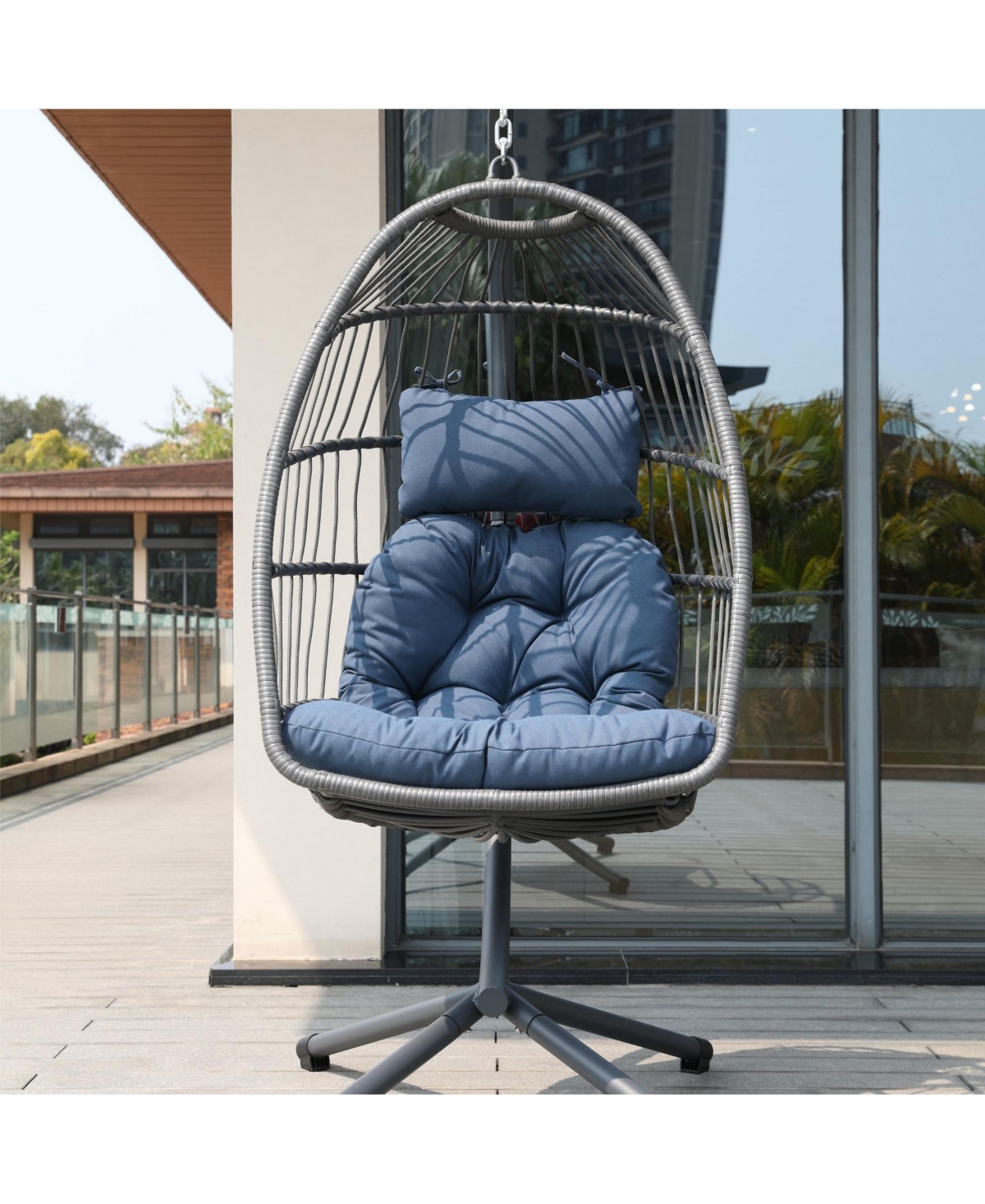 Clihome Cushion Egg Chair with Stand and Cup Holder - Blue