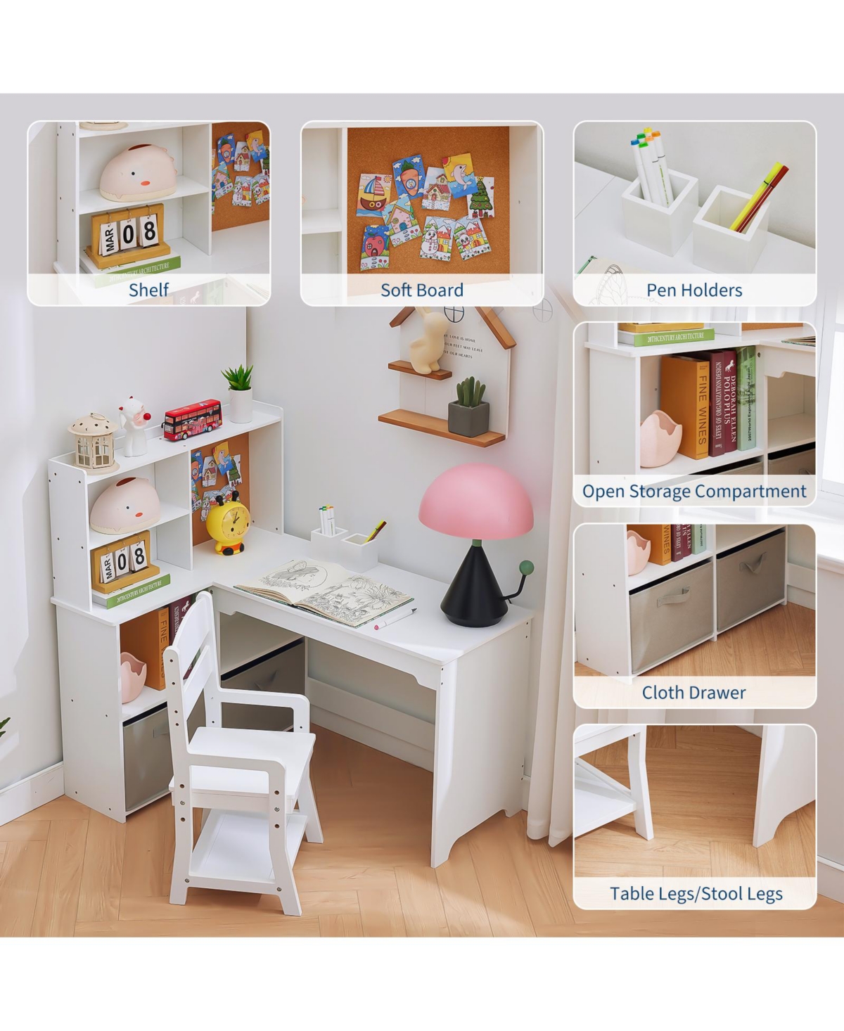 homfan Kids Corner Desk and Chair Set, White L Shaped Study Table with Storage Shelves and Bulletin Board for Bedroom